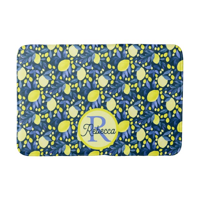 Chic Monogram Name Rustic Citrus Lemons Blue Leaf Bath Mat (Front)