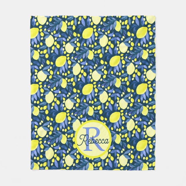 Chic Monogram Name Rustic Citrus Lemons Blue Leaf Fleece Blanket (Front)