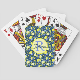 Chic Monogram Name Rustic Citrus Lemons Blue Leaf Playing Cards