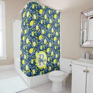 Chic Monogram Name Rustic Citrus Lemons Blue Leaf Shower Curtain