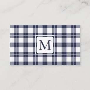 Chic Monogram Navy Blue and White Plaid Pattern Business Card