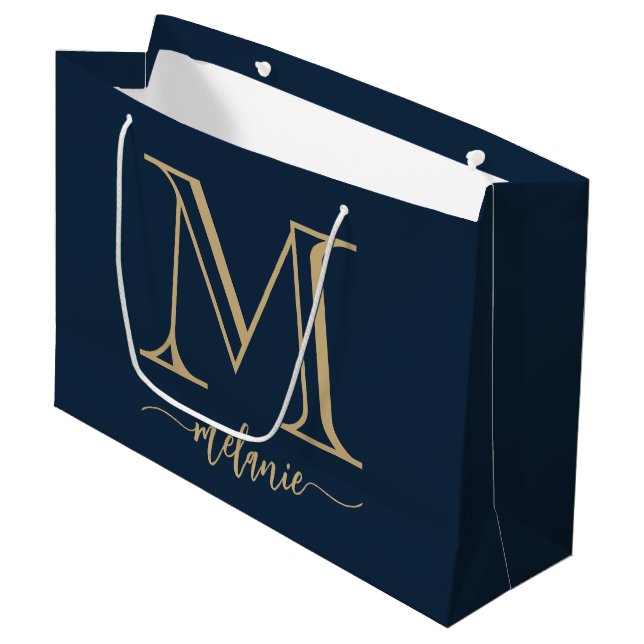 Chic Monogram Navy Blue Gold Large Gift Bag (Front Angled)