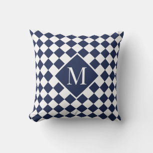 Chic Monogram Navy Blue White Chequered Pattern Cushion