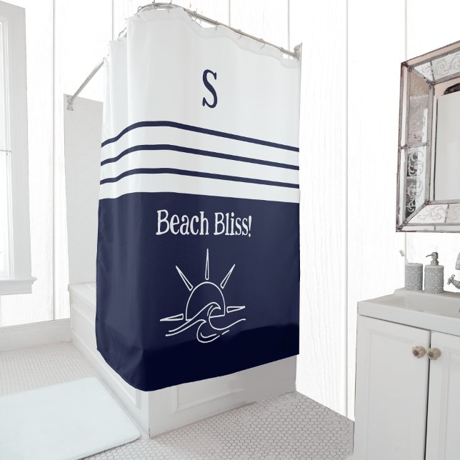 Chic Monogram Navy Blue  White Stripes Beach House Shower Curtain (Creator Uploaded)