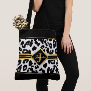 Chic Monogram on Animal Print Black and Faux Gold Tote Bag