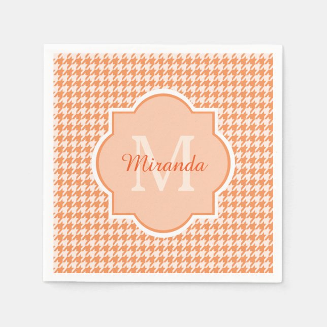 Chic Monogram Orange Houndstooth With Name Napkin (Front)
