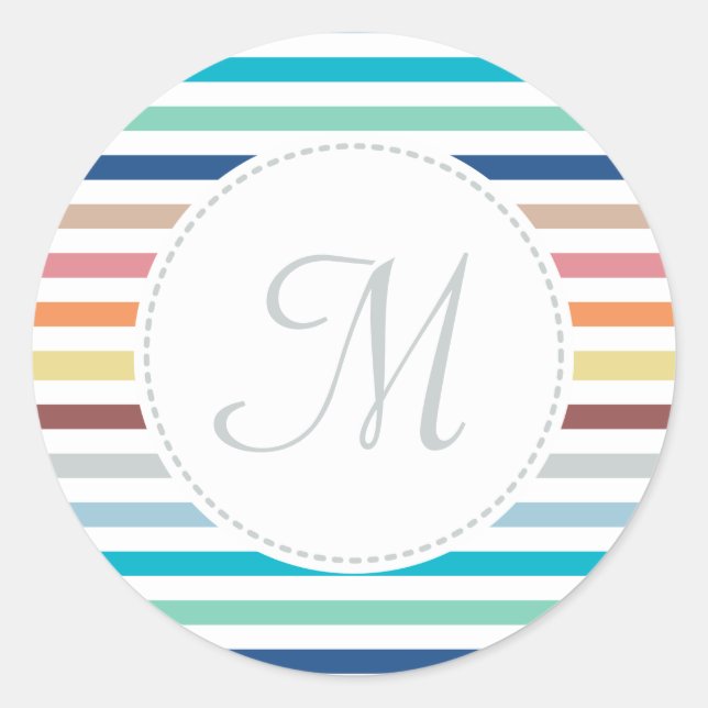 Chic Monogram Pastel Rainbow Horizontal Stripes Classic Round Sticker (Front)