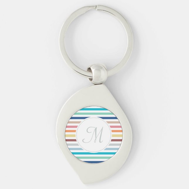 Chic Monogram Pastel Rainbow Horizontal Stripes Key Ring (Front)