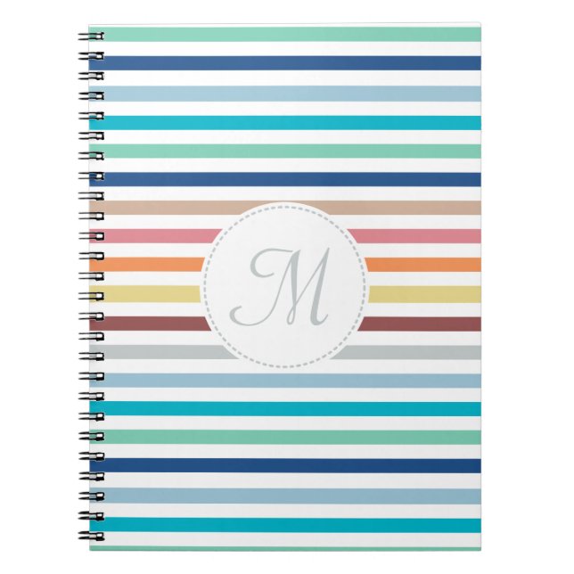 Chic Monogram Pastel Rainbow Horizontal Stripes Spiral Notebook (Front)