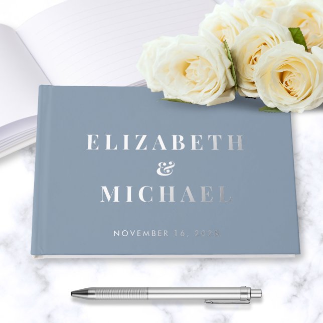 Chic Monogram Photo Dusty Blue Wedding Guest Book (Creator Uploaded)
