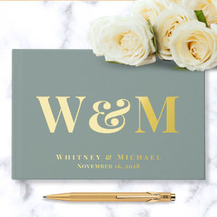 Chic Monogram Photo Sage Green Wedding Guest Book