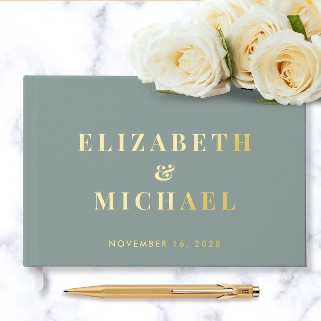 Chic Monogram Photo Sage Green Wedding Guest Book (Creator Uploaded)