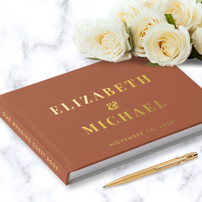 Chic Monogram Photo Terracotta Wedding Gold Guest Book (Creator Uploaded)