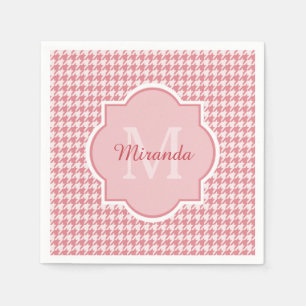 Chic Monogram Pink Houndstooth With Name Napkin