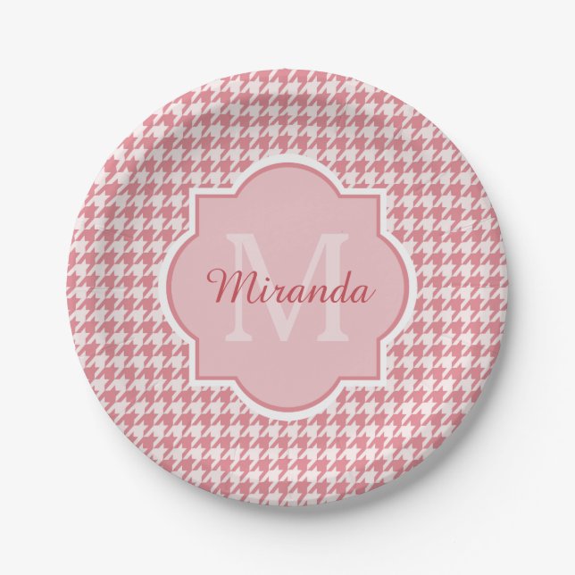 Chic Monogram Pink Houndstooth With Name Paper Plate (Front)