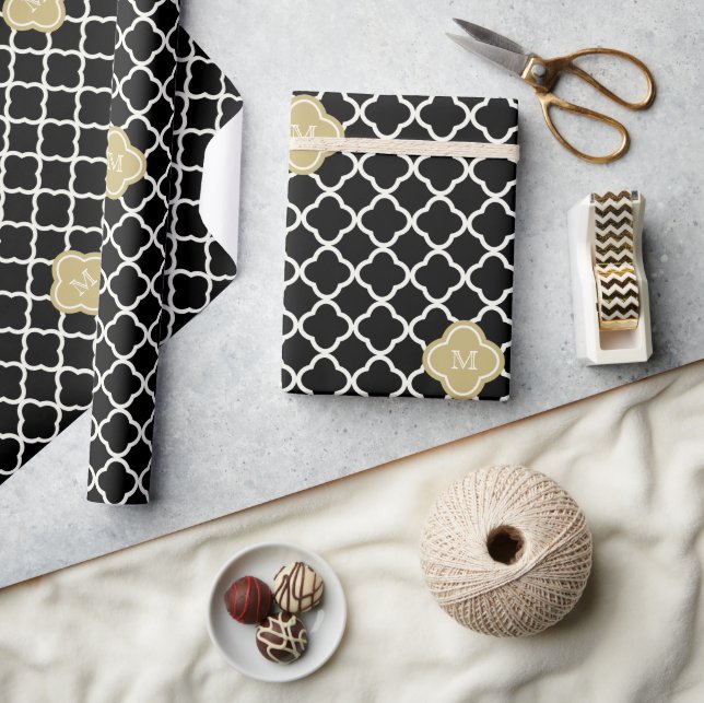 Chic Monogram Quatrefoil Pattern Art Deco Wedding Wrapping Paper (Crafts)