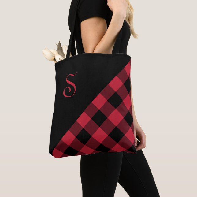 Chic Monogram Red Black Buffalo Check Geometric Tote Bag (Close Up)