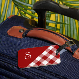 Chic Monogram Red White Buffalo Check Geometric Luggage Tag