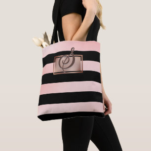 Chic Monogram Rose Gold Stripes Tote Bag