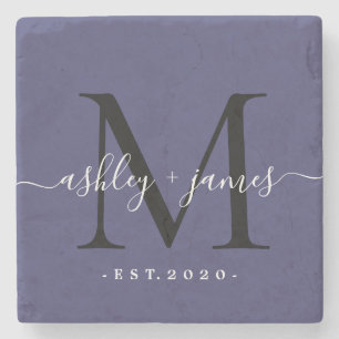 Chic Monogram Script Names Wedding Date Navy Blue Stone Coaster