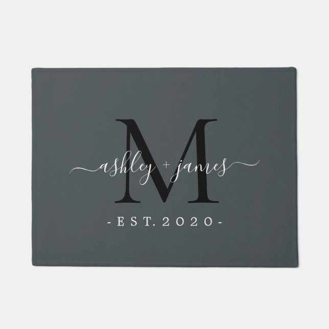 Chic Monogram Script Names Year Established Grey Doormat (Front)