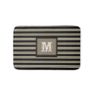 Chic Monogram & Simple White Beige Black Stripes Bath Mat