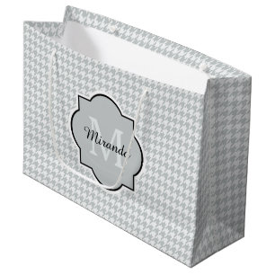 Chic Monogram Soft Grey Houndstooth With Name Large Gift Bag