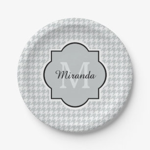 Chic Monogram Soft Grey Houndstooth With Name Paper Plate