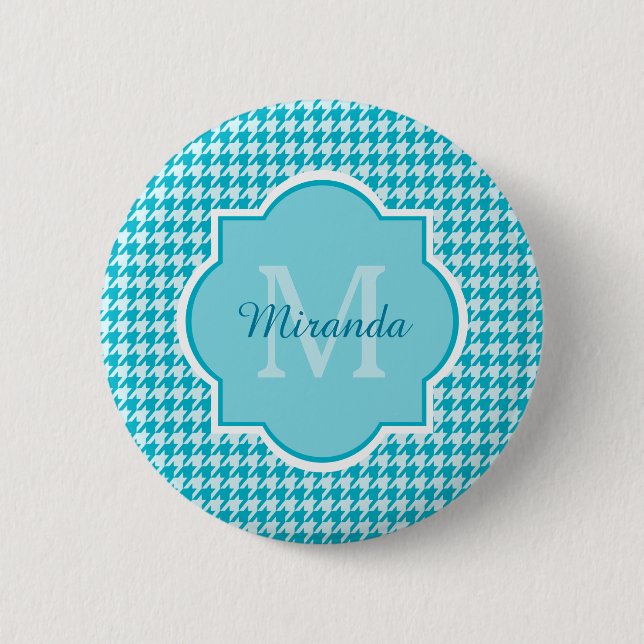 Chic Monogram Turquoise Houndstooth With Name 6 Cm Round Badge (Front)