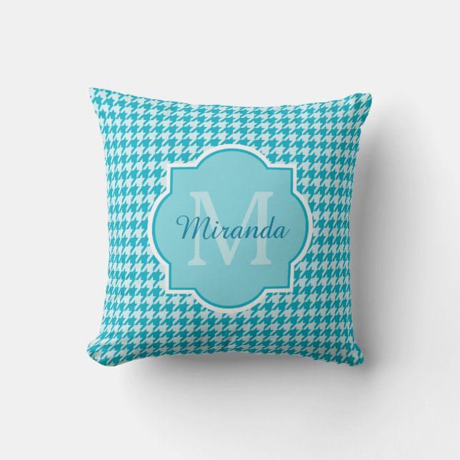 Chic Monogram Turquoise Houndstooth With Name Cushion (Front)