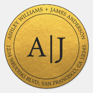 Chic Monogram Wedding Return Address Gold Classic Round Sticker