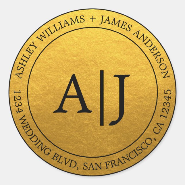 Chic Monogram Wedding Return Address Gold Classic Round Sticker (Front)