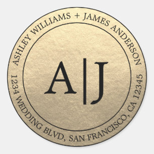Chic Monogram Wedding Return Address Gold Classic Round Sticker