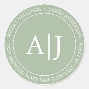 Chic Monogram Wedding Return Address Laurel Green Classic Round Sticker