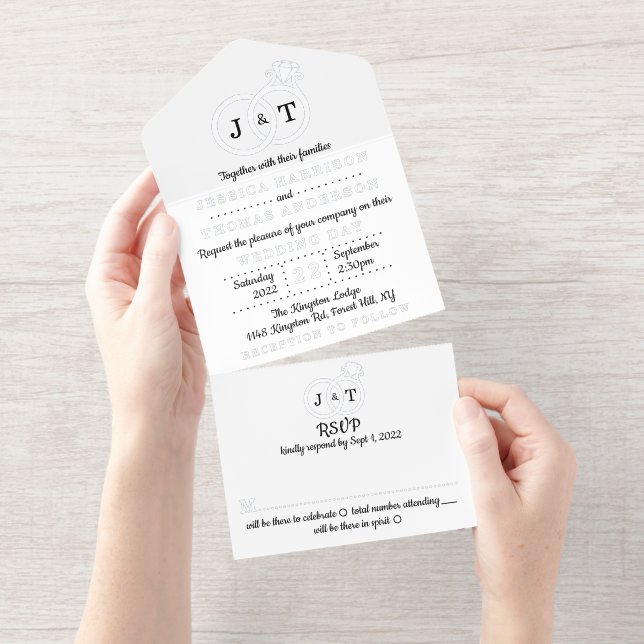 Chic Monogram Wedding Rings Real Foil Pressed All In One Invitation (Tearaway)