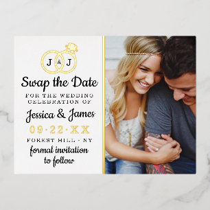 Chic Monogram Wedding Rings Save Or Swap The Date Foil Invitation Postcard