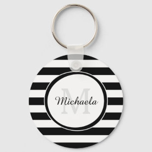Chic Monogram With Large Black and White Stripes Key Ring