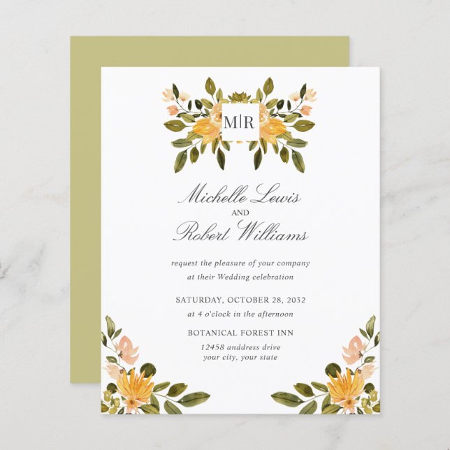 Chic Monogram Yellow Green floral Wedding (Front/Back)