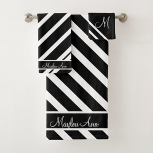 Chic Monogrammed Black white stripe                Bath Towel Set