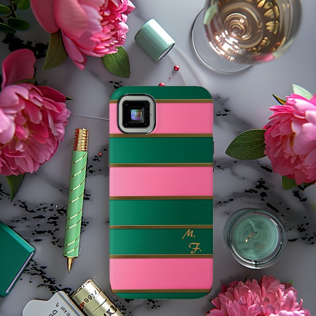 Chic Monogrammed Bold Pink & Green, Gold Striped  Case-Mate iPhone Case (Chic Pink and Green Striped Monogrammed Phone Case )