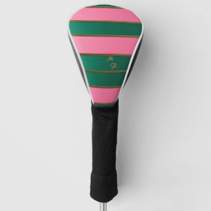 Chic Monogrammed Bold Pink & Green, Gold Striped Golf Head Cover