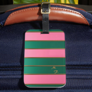 Chic Monogrammed Bold Pink & Green, Gold Striped Luggage Tag
