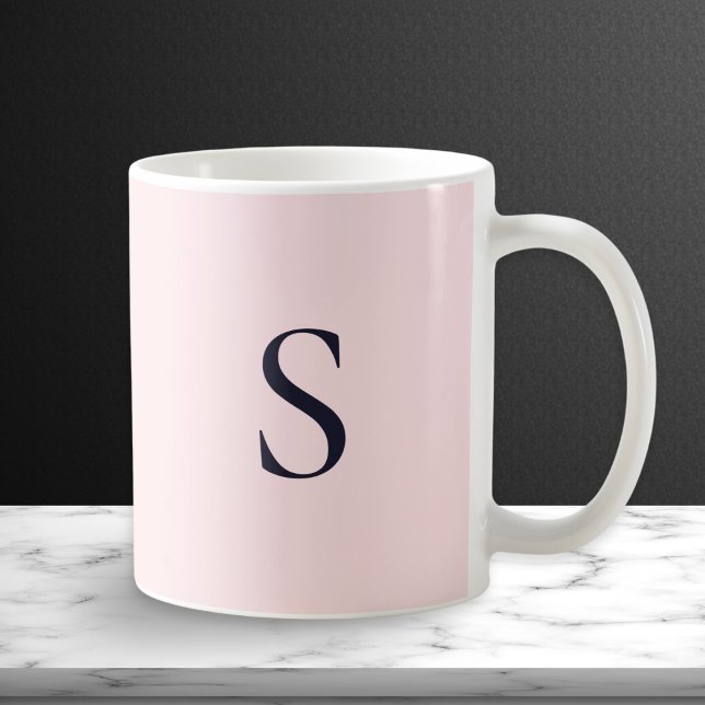 Chic Monogrammed Modern Minimalist Pink Coffee Mug (A pretty mug in delicate pale pink, with elegant midnight blue monogram initial on both sides)