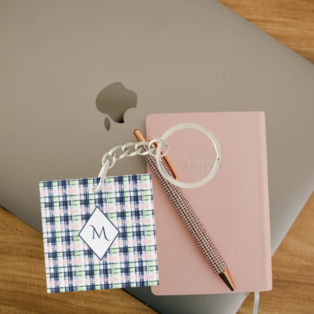 Chic Monogrammed Navy Blue Pink Preppy Plaid  Key Ring (Creator Uploaded)
