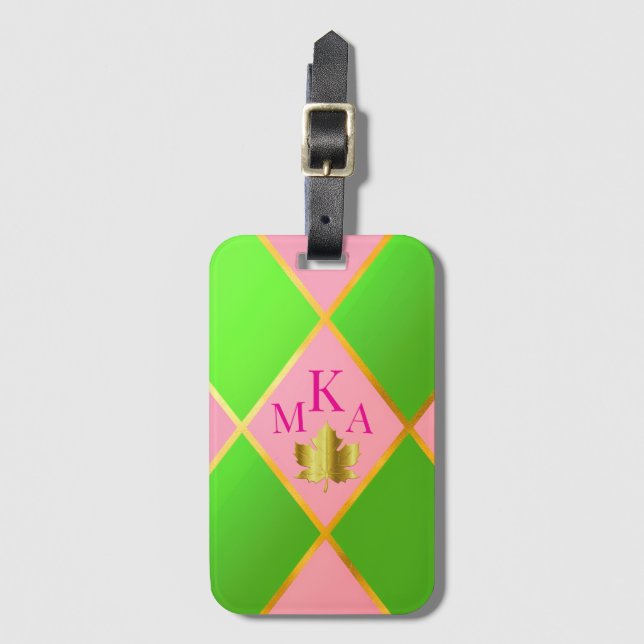 Chic Monogrammed Pink and Green Argyle  Luggage Tag (Front Vertical)