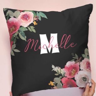 Chic monogrammed pink Floral watercolor Cushion