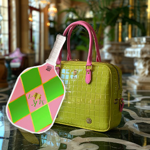 Chic Monogrammed Pink & Green Argyle Pickleball Paddle