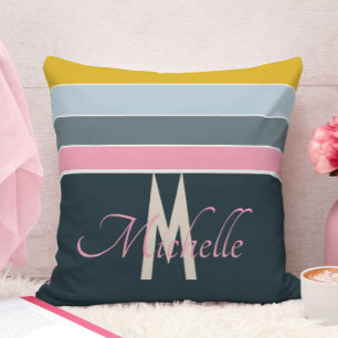 Chic Monogrammed Pink & Navy Blue Teal Striped Cushion