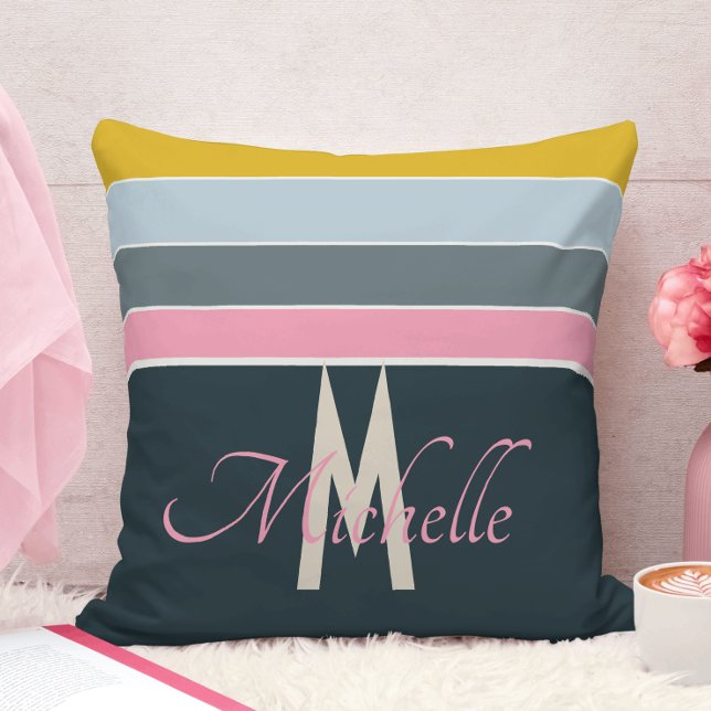 Chic Monogrammed Pink & Navy Blue Teal Striped Cushion (Creator Uploaded)