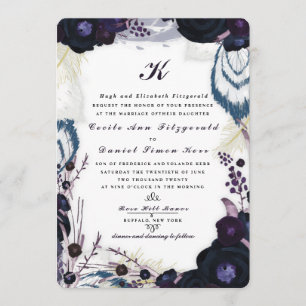 Chic Monogrammed Purple Floral Winter Wedding Invitation